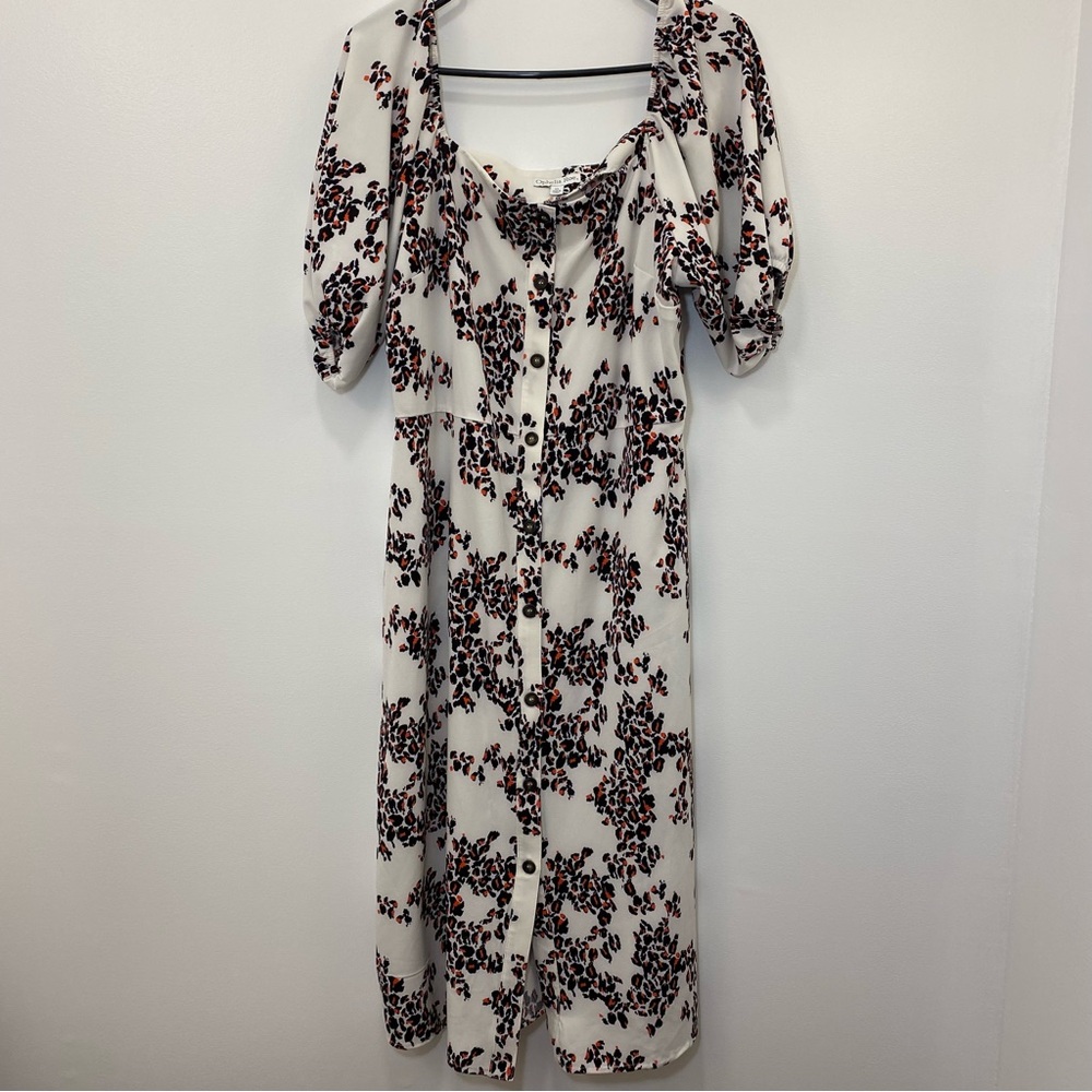 White button-up midi dress. red & black leopard print, puff sleeves, square neck